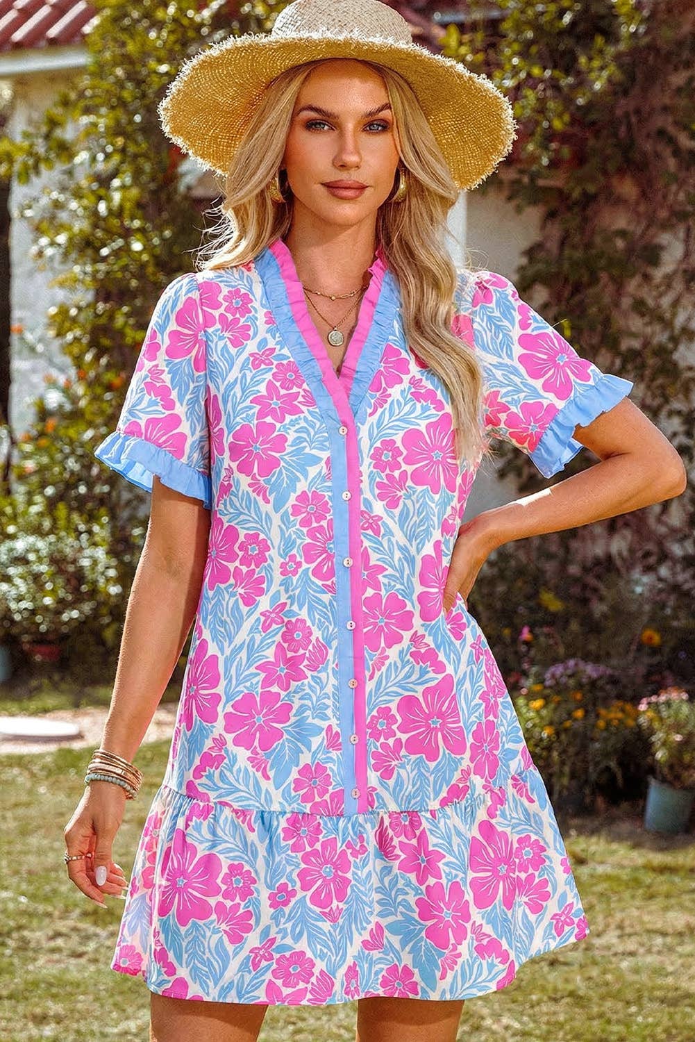 Floral Print Frilled Trim V Neck Button Front Boho Dress
