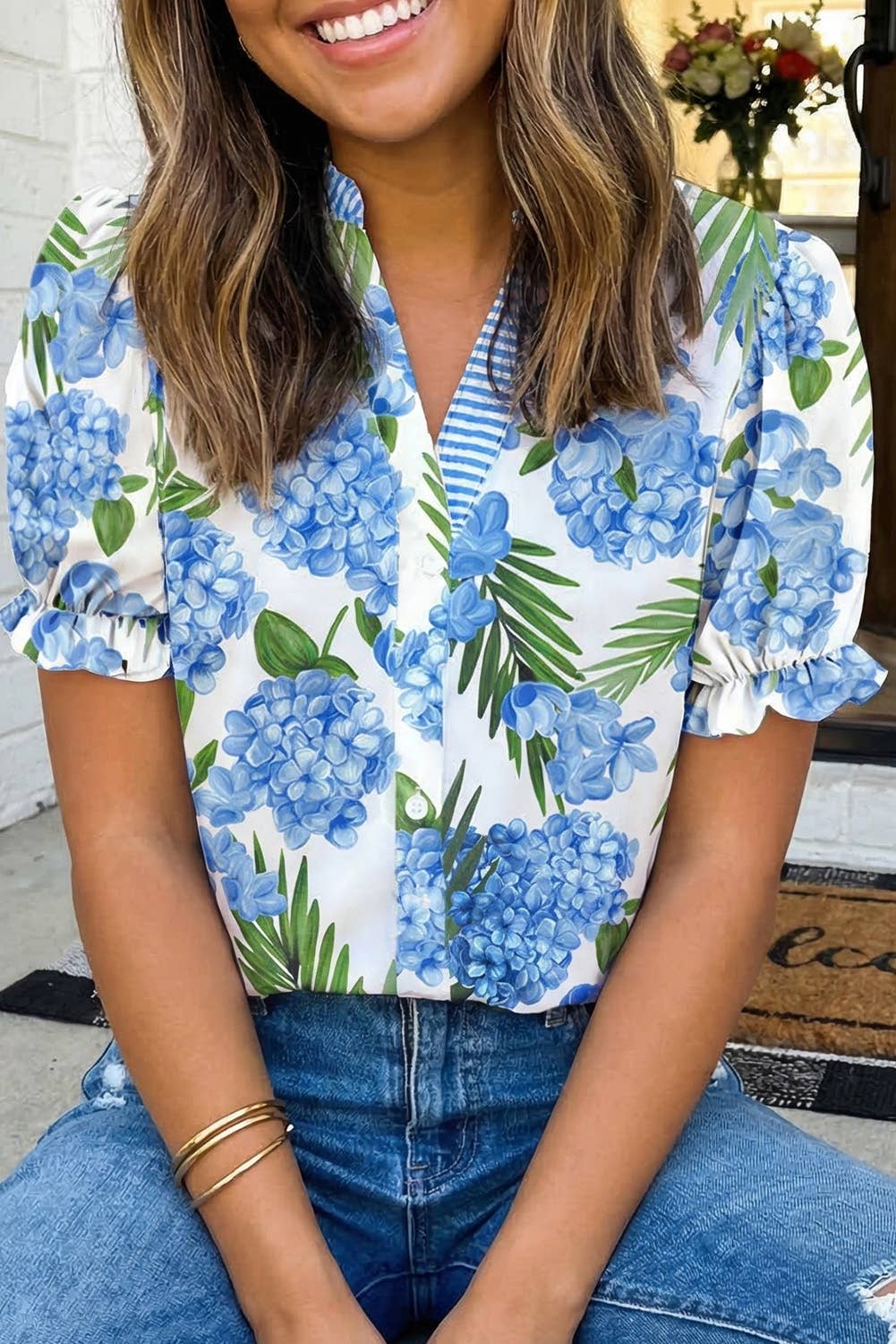 Floral Print Striped Patchwork V Neck Blouse