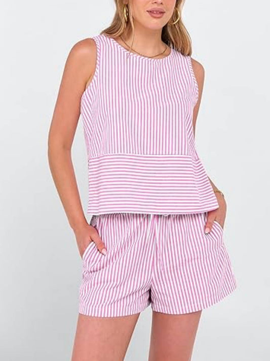 Vertical Stripe Waist Cinch Sleeveless Set