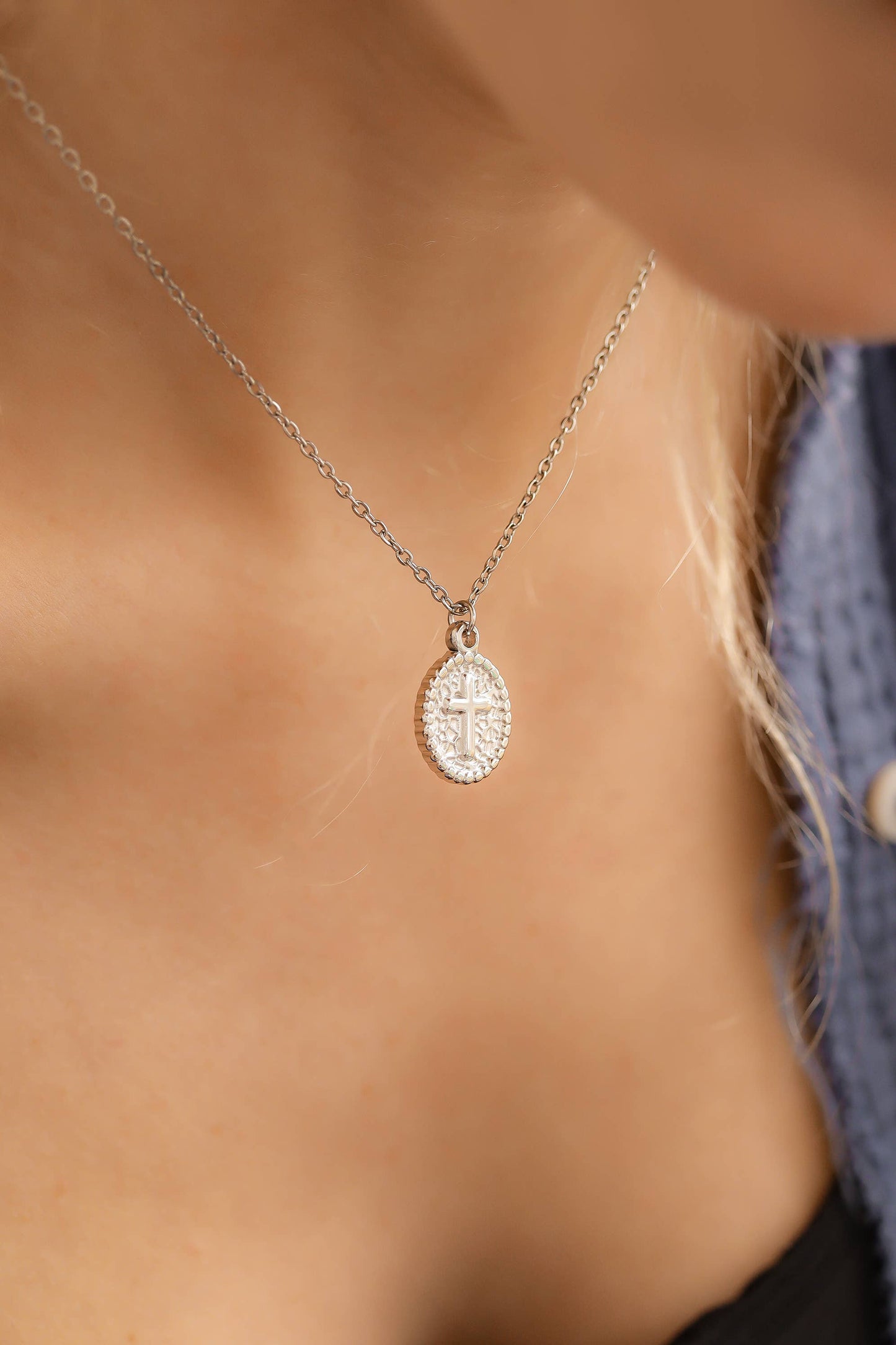 18K Gold PVD Stainless Steel Textured Medallion Cross Charm