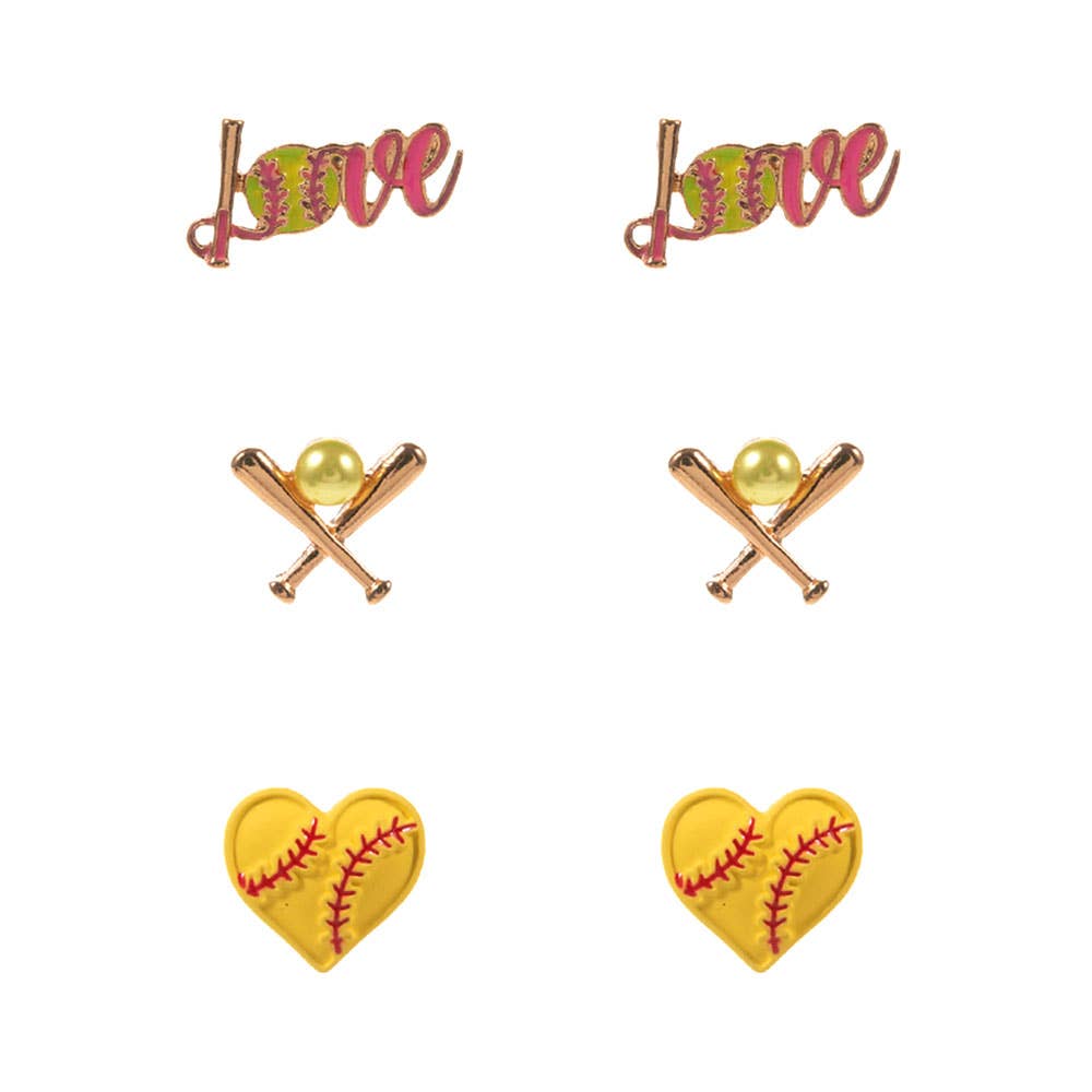 3Pairs Baseball Softball Themed Stud Earring Set