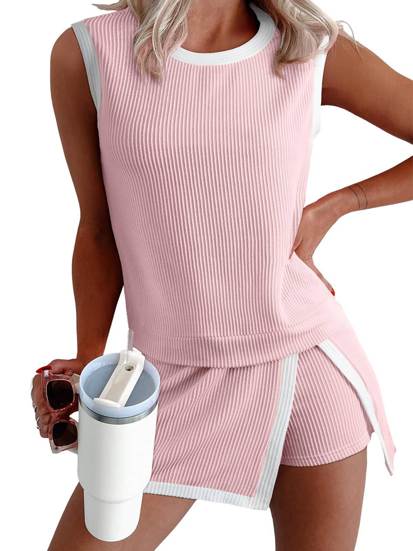 Casual Ribbed Short Sleeve T-Shirt & Three-Point Shorts Set