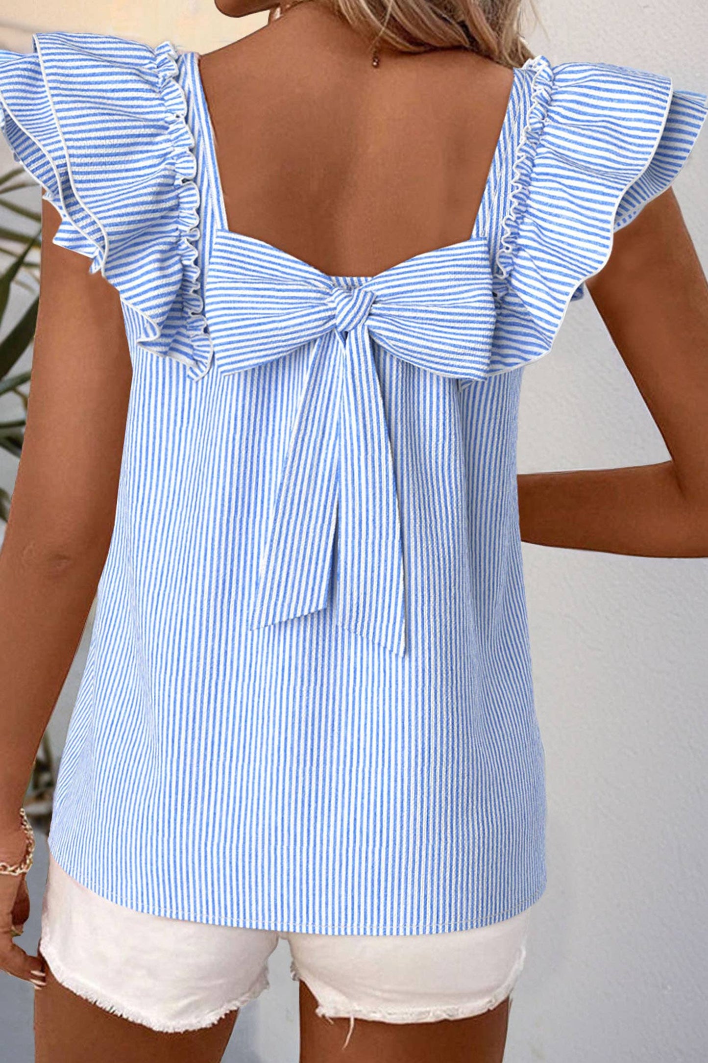 Textured Bow Knot Frilled Butterfly Sleeve Blouse