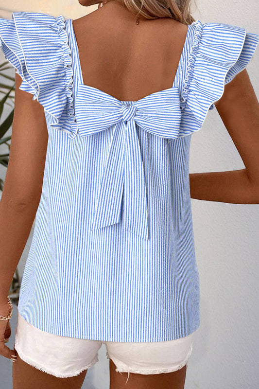 Textured Bow Knot Frilled Butterfly Sleeve Blouse