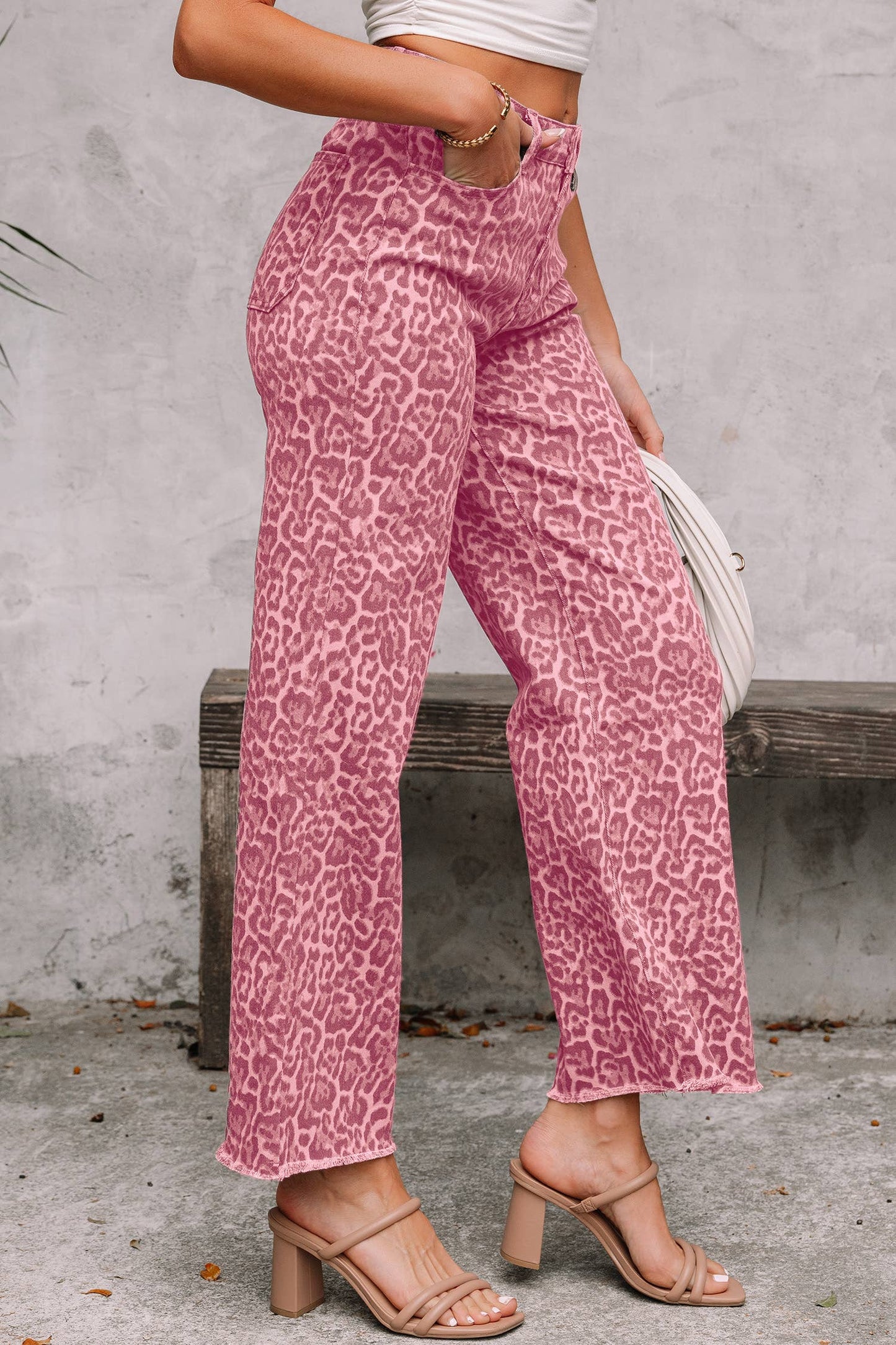 Western Leopard Frayed Edge Wide Leg High Waist Jeans