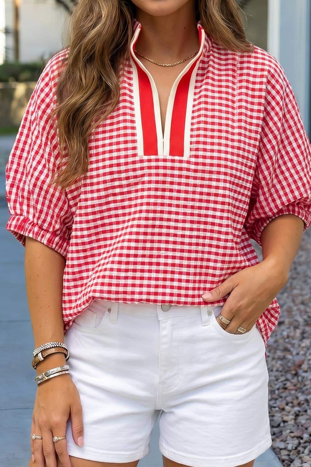 Plaid Colorblock Trim Split Neck Blouse