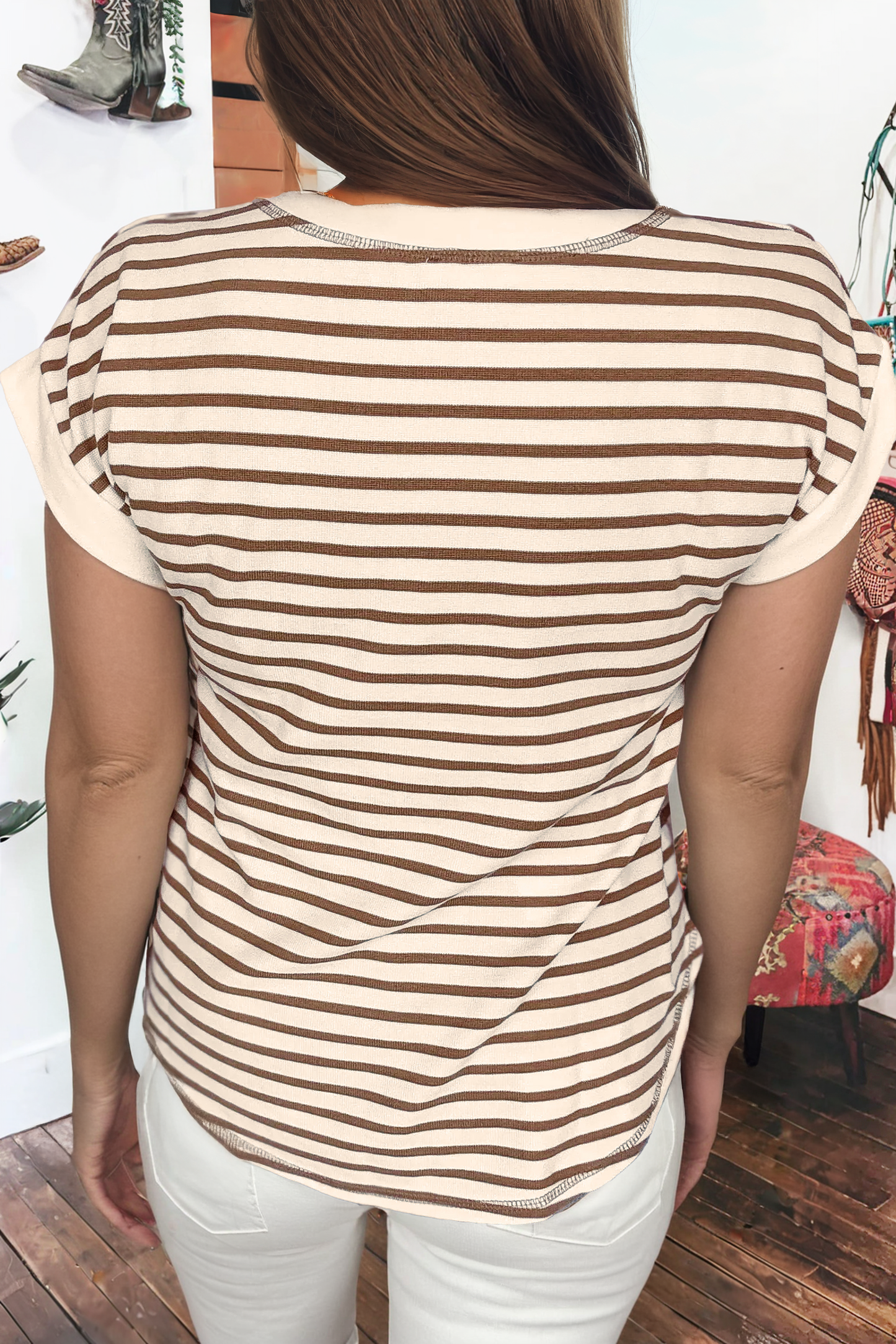 Summer Red&white Stripe Half Buttons Round Neck T Shirt
