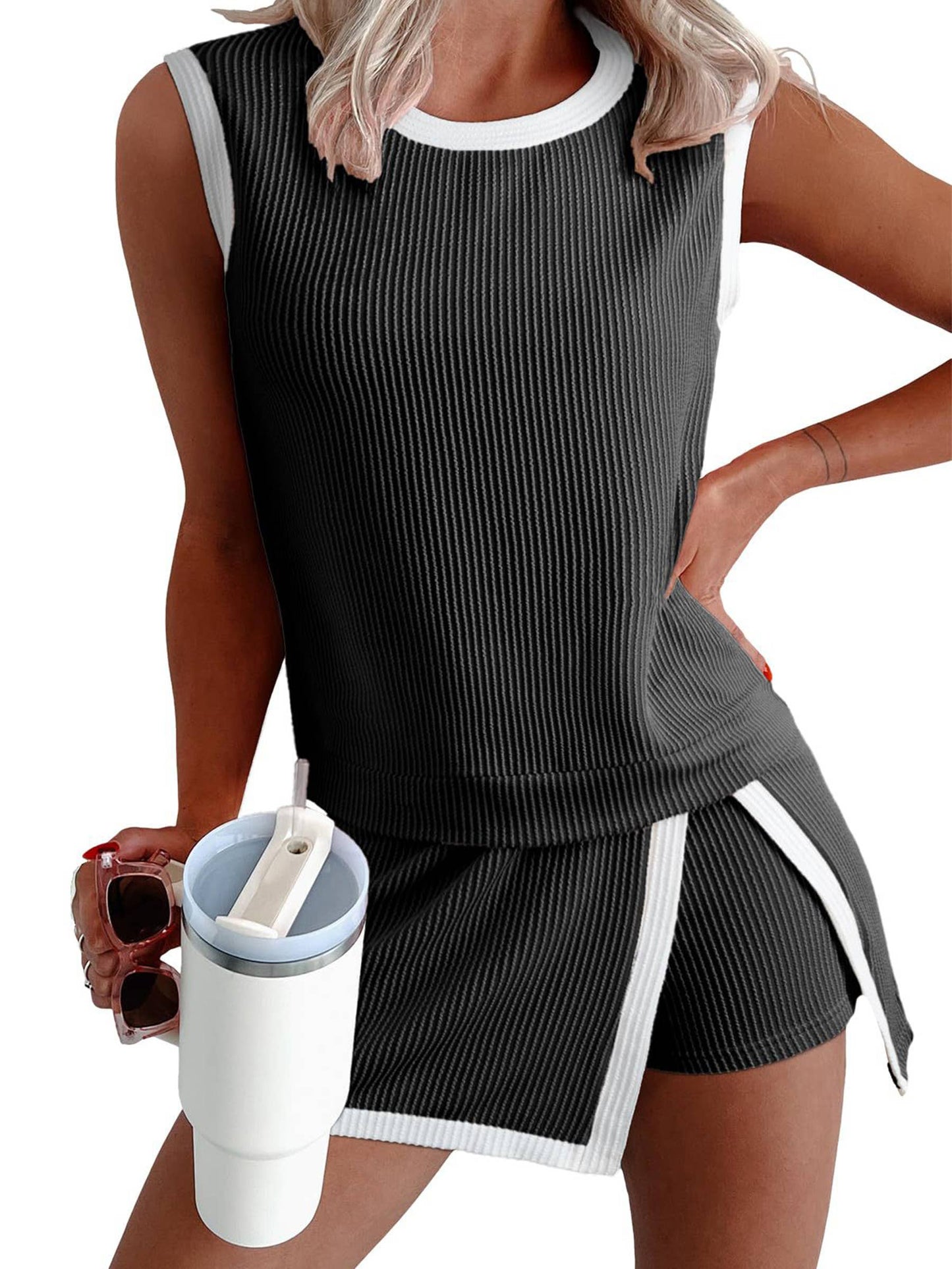 Casual Ribbed Short Sleeve T-Shirt & Three-Point Shorts Set
