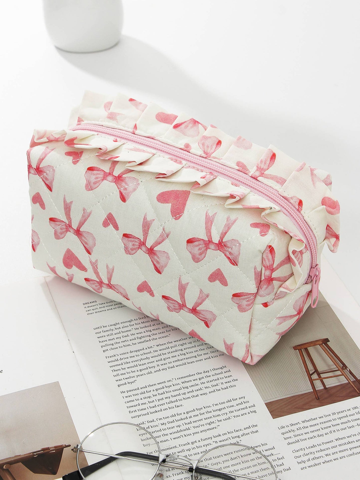 Ribbon Quilted Cosmetic Pouch