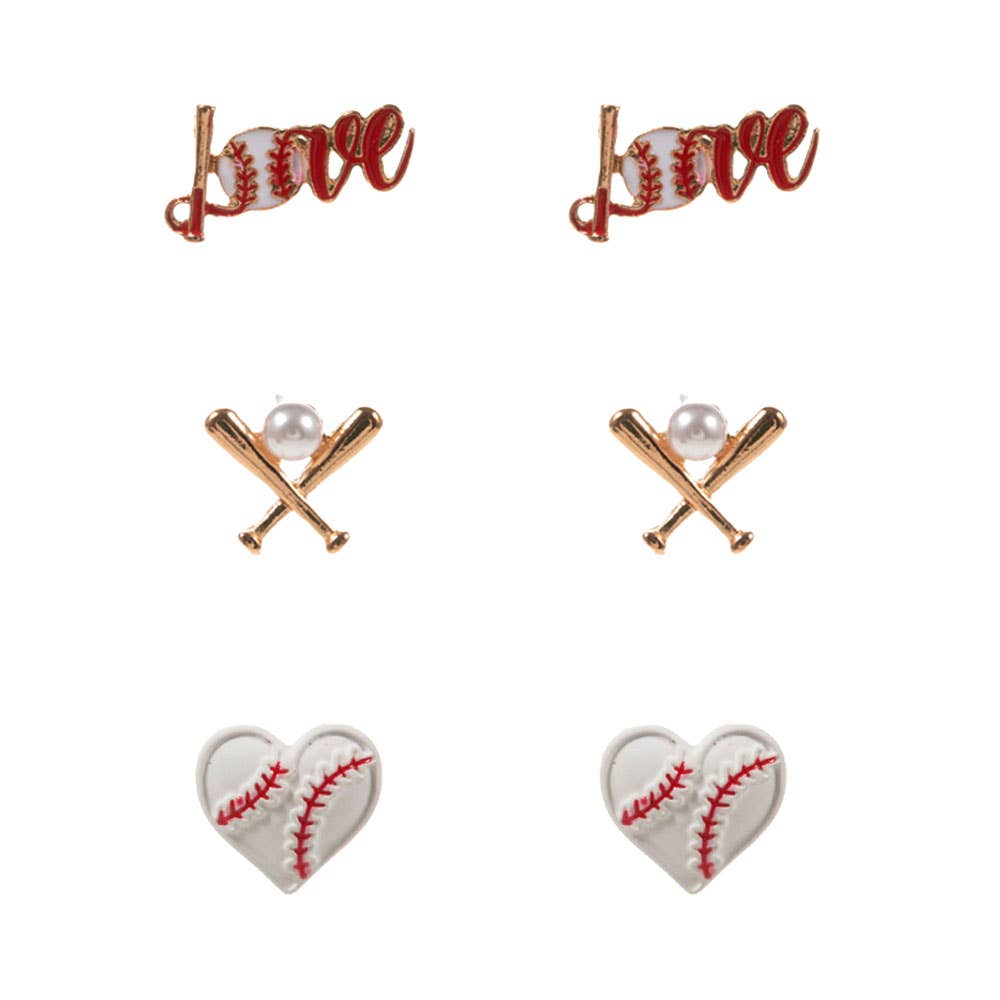 3Pairs Baseball Softball Themed Stud Earring Set
