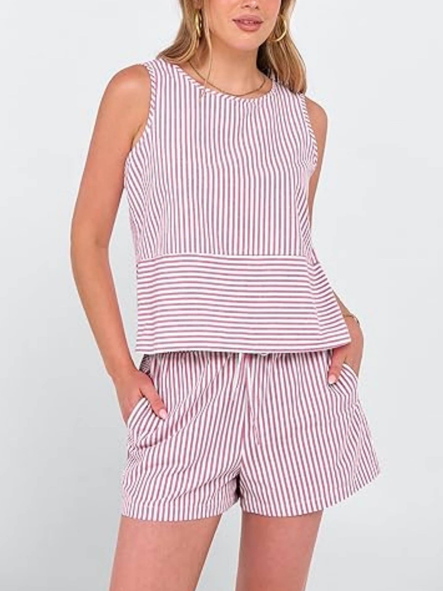 Vertical Stripe Waist Cinch Sleeveless Set