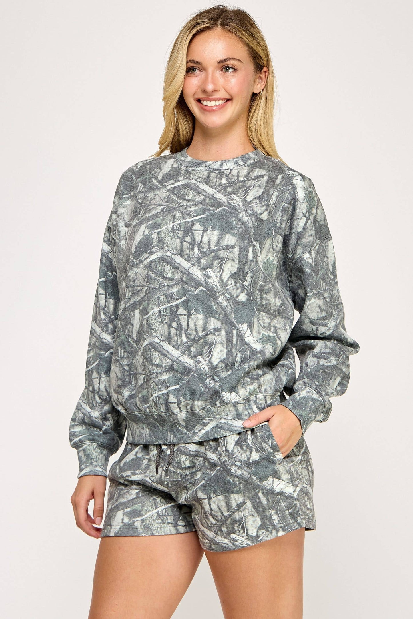 Fleece Camo Relaxed Fit Crew Neck Sweatshirt