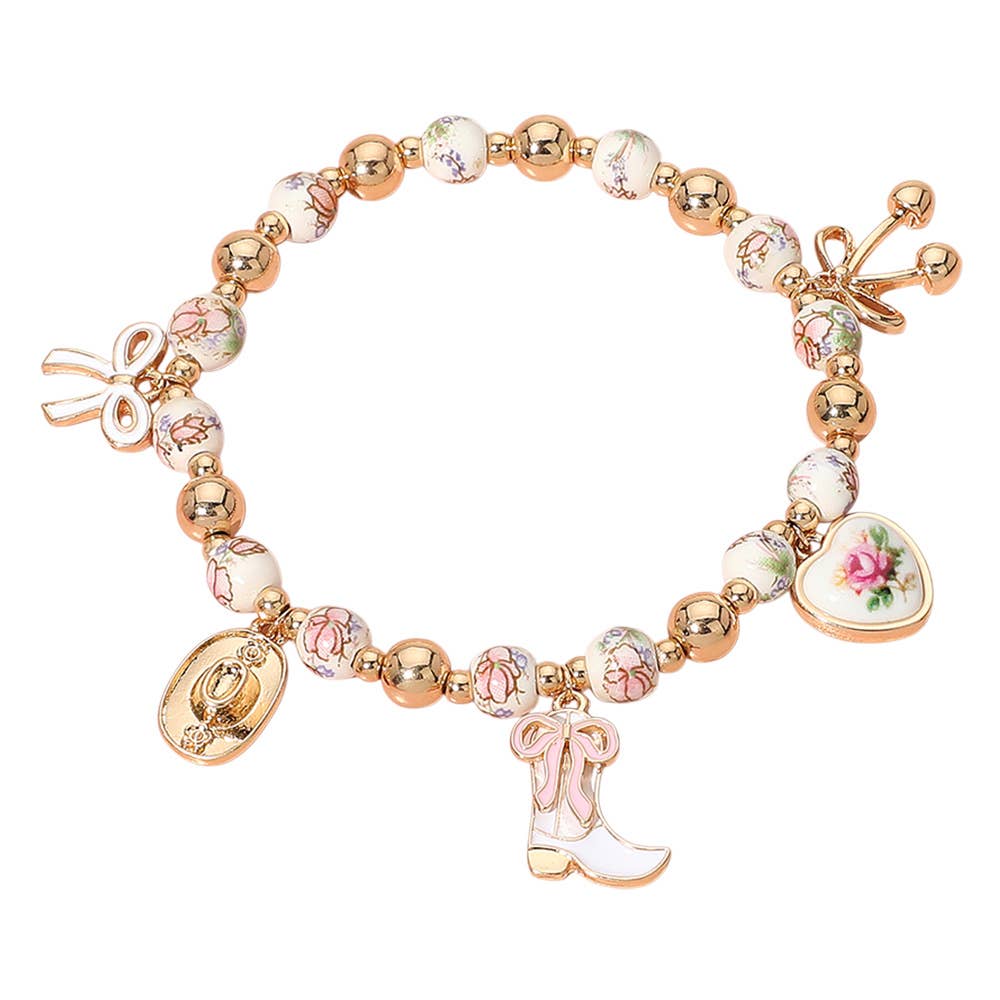 Enamel Bow Western Boot Charm Ceramic Ball Stretch Bracelet