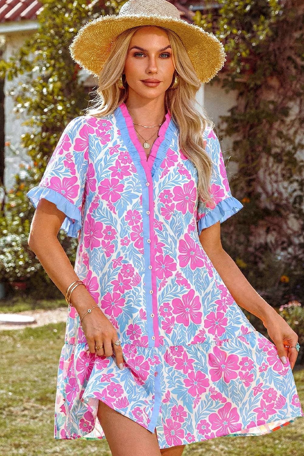 Floral Print Frilled Trim V Neck Button Front Boho Dress
