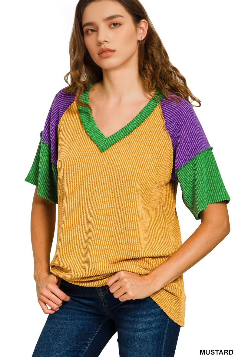 Mardi Gras Tri-color Contrast Trim Top