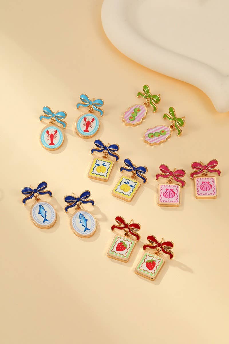 Bow Drop Enamel Charm Statement Earrings