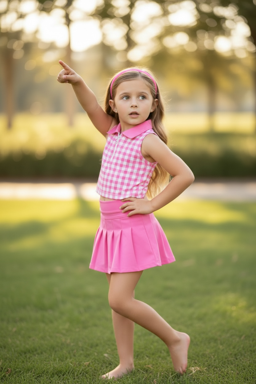 Gingham bubble pink crop top and pleaded skort. High performance athletic outfit