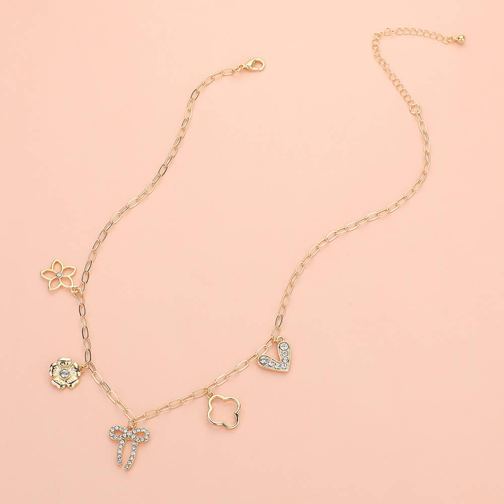 Flower Bow Quatrefoil Heart Charm Station Chain Necklace