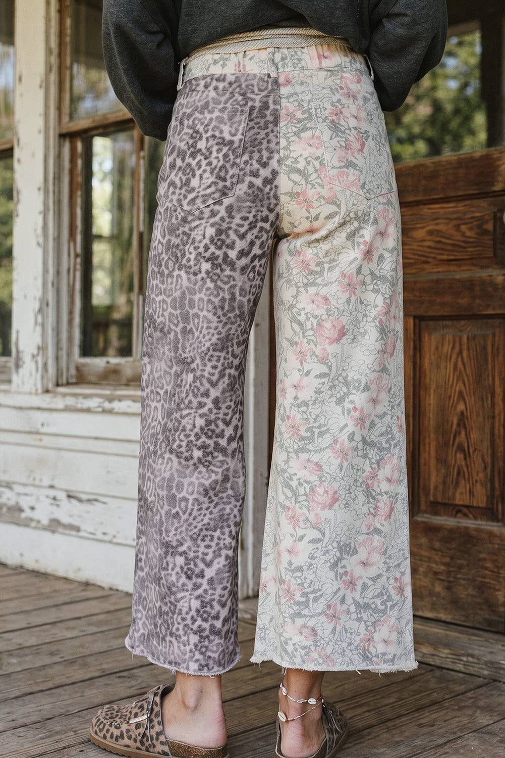 Western Leopard Frayed Edge Wide Leg High Waist Jeans