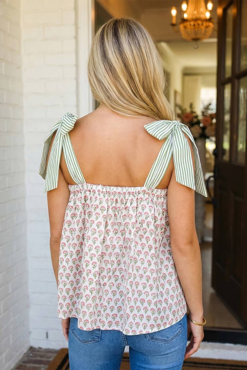 Floral Printed Knot Straps Babydoll Tank Top