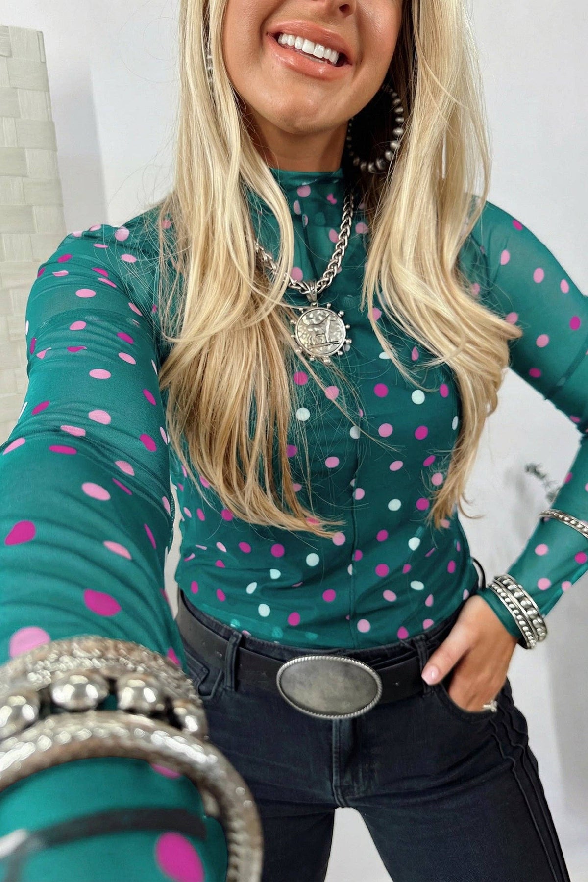 Polka Dot Mesh Mock Neck Long Sleeve Top
