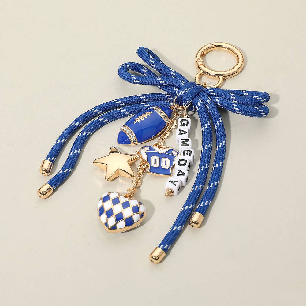 Football Themed Charm GAME DAY Message Beaded Rope Bow Accent Keychain / Bag Charm