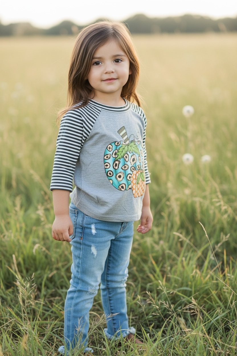 Gray pumpkin printed top with 3/4 sleeves