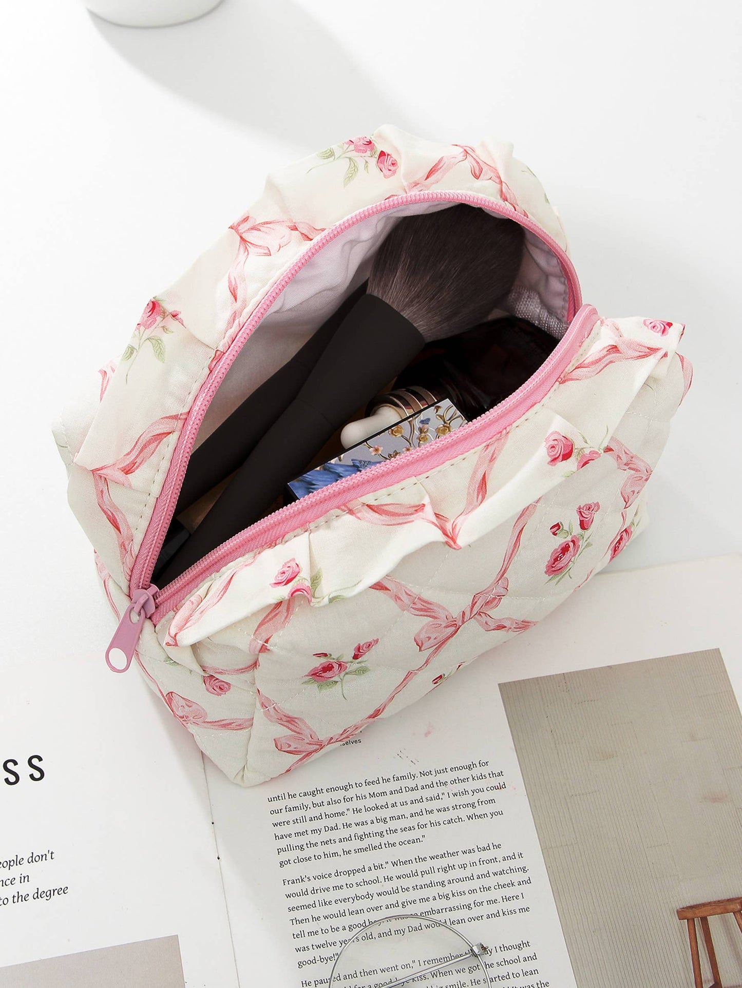 Ribbon Quilted Cosmetic Pouch