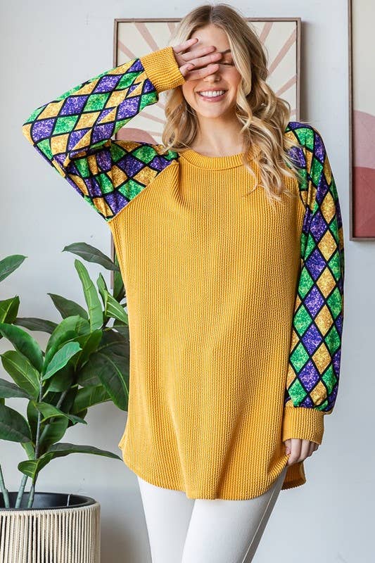 MARDI GRAS LONG SLEEVE URBAN RIBBED TOP