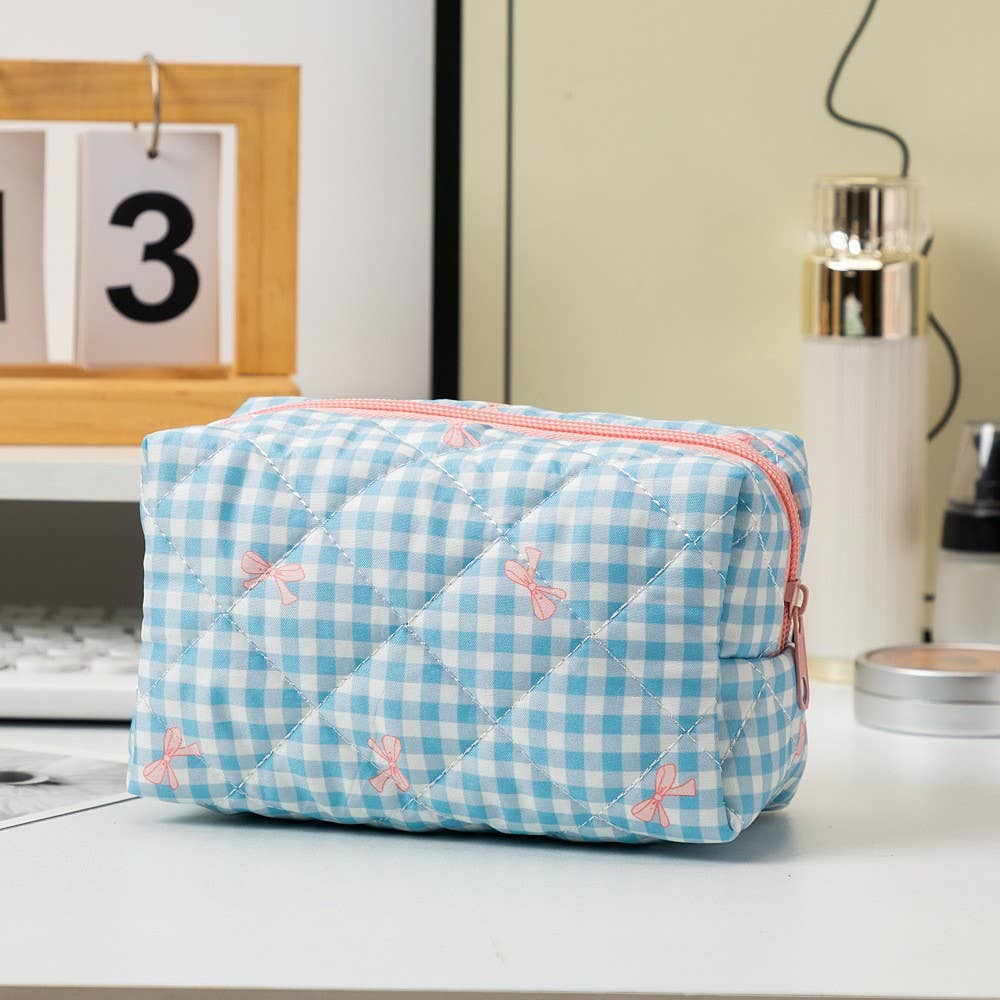 QUILTED COTTON CHECKER BOW COSMETIC POUCH BAG