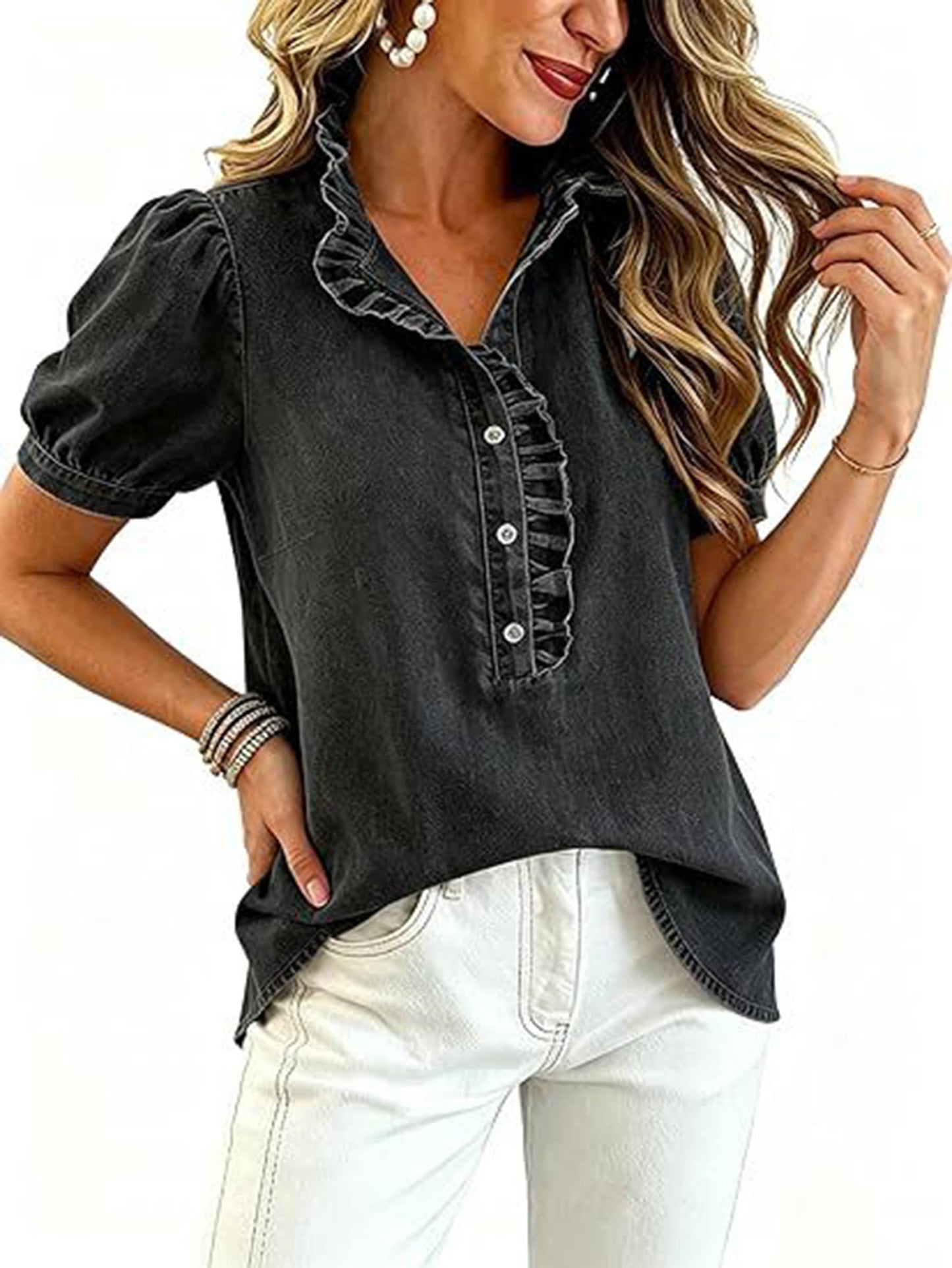 Ruched Denim Button Puff Sleeve Tops