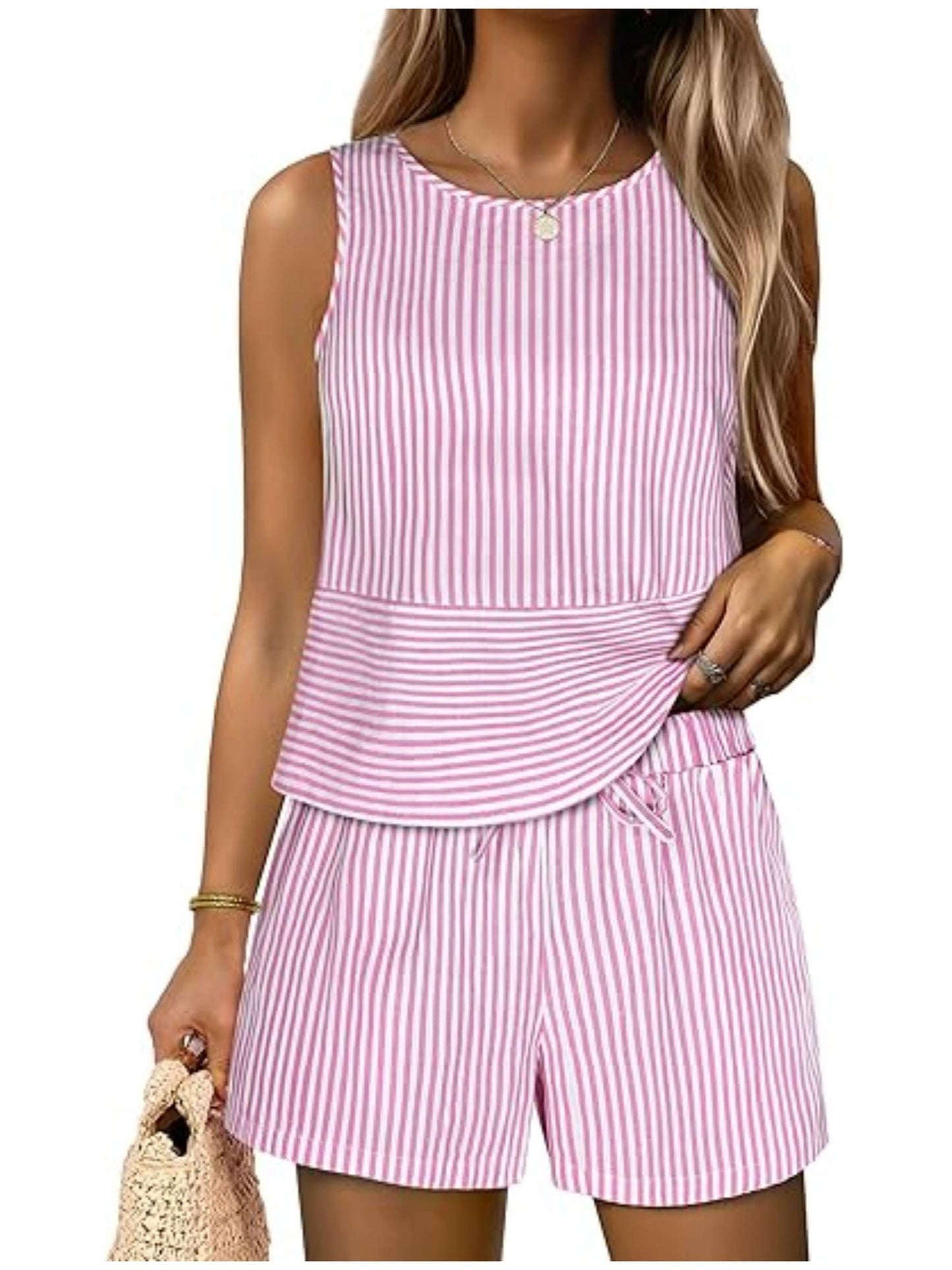 Vertical Stripe Waist Cinch Sleeveless Set