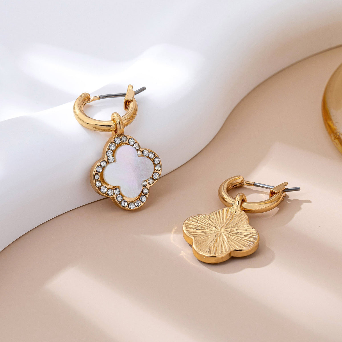 Mother of Pearl Rhinestone Clover Drop Hoop Earrings | 80E61604