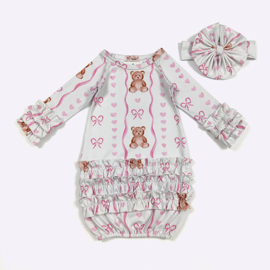 Teddy Bear Bow Baby Gown