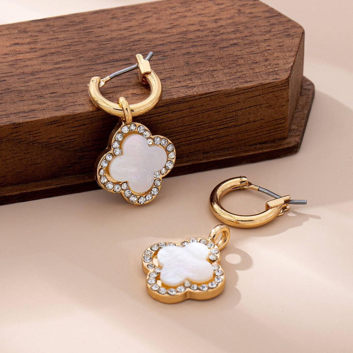 Mother of Pearl Rhinestone Clover Drop Hoop Earrings | 80E61604