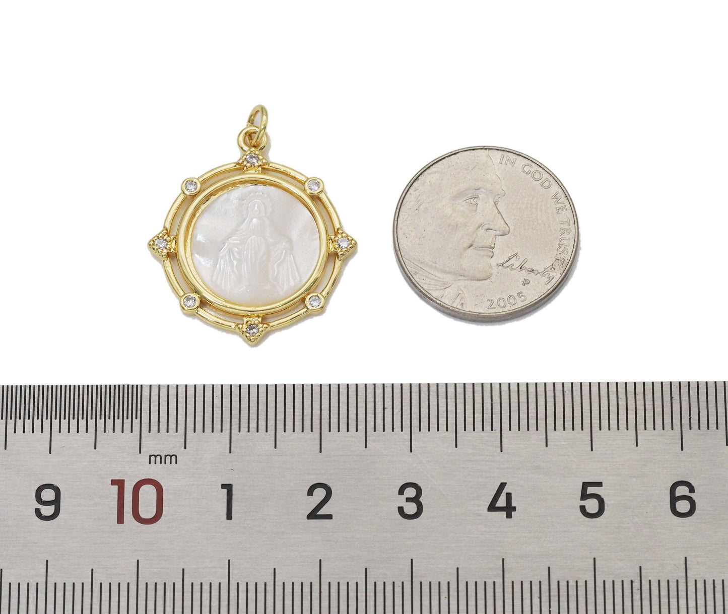 CZ Gold White Mop Pearl Mary Religious Charm