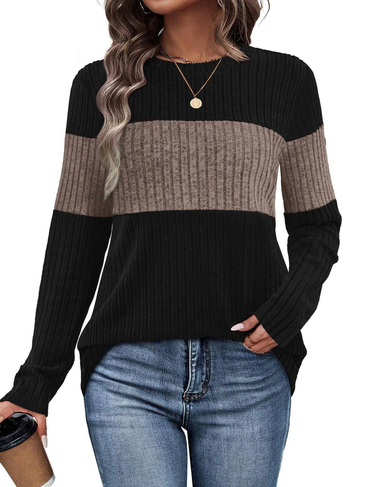 Color Block Ribbed Knit Pullover Sweater