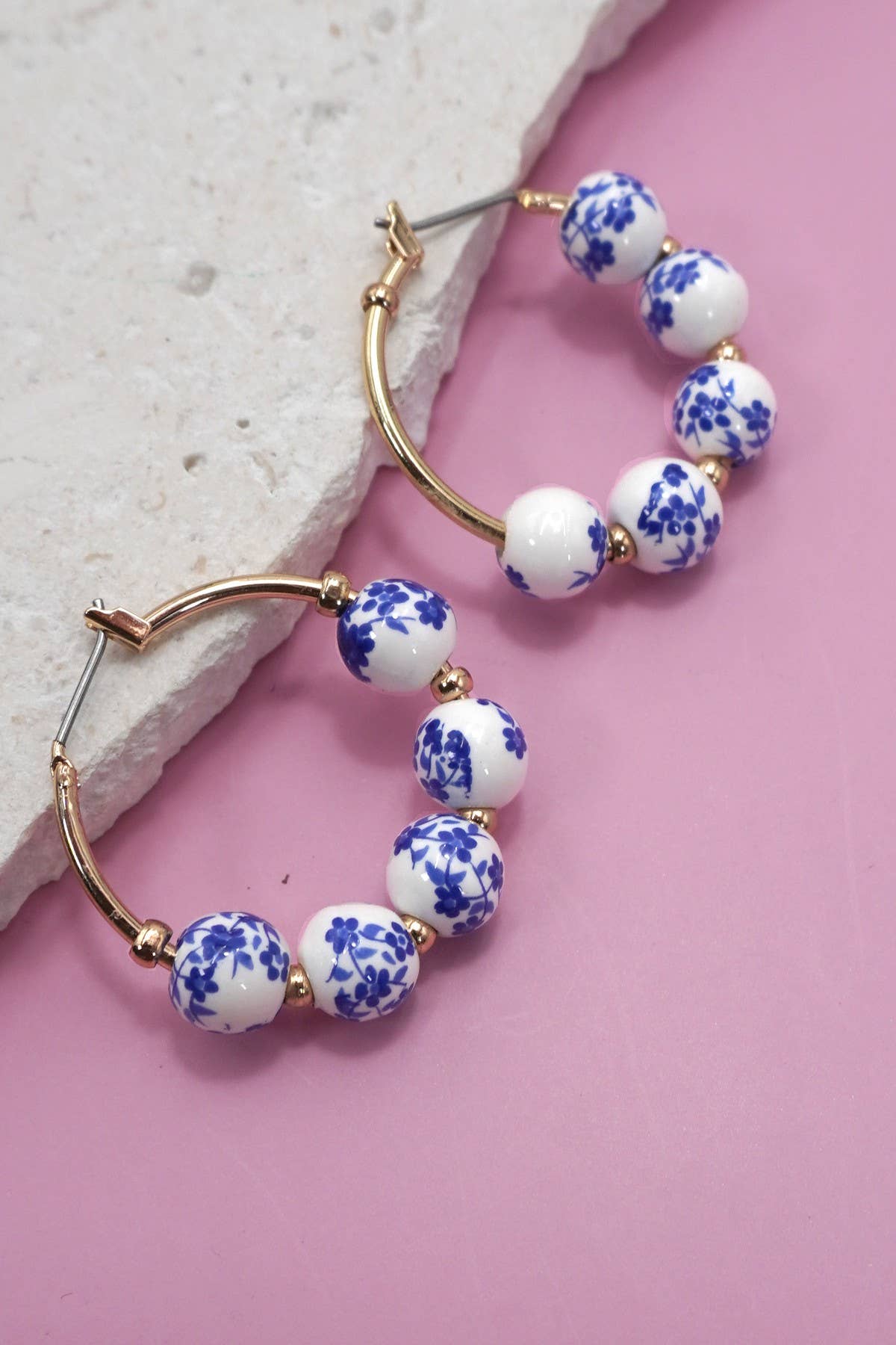 BLUE CERAMIC PORCELAIN HOOP EARRINGS