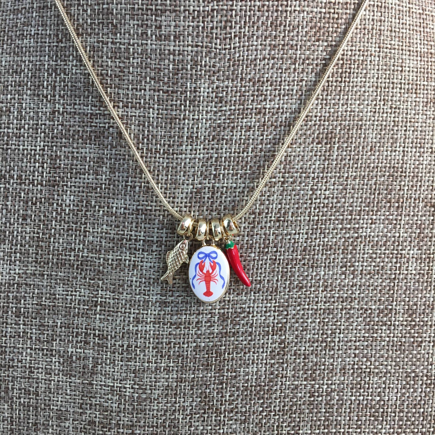 Crawfish/pepper/fish charm necklace 