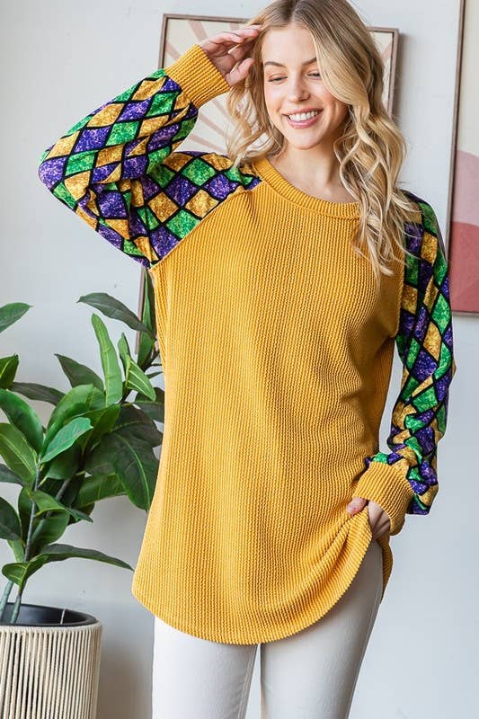 MARDI GRAS LONG SLEEVE URBAN RIBBED TOP