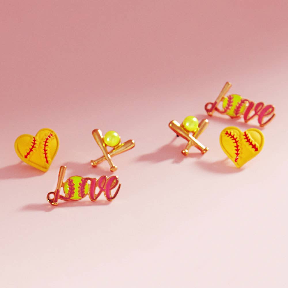 3Pairs Baseball Softball Themed Stud Earring Set