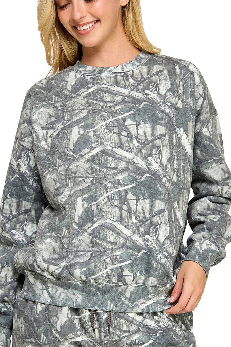 Fleece Camo Relaxed Fit Crew Neck Sweatshirt