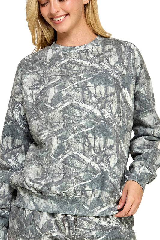 Fleece Camo Relaxed Fit Crew Neck Sweatshirt