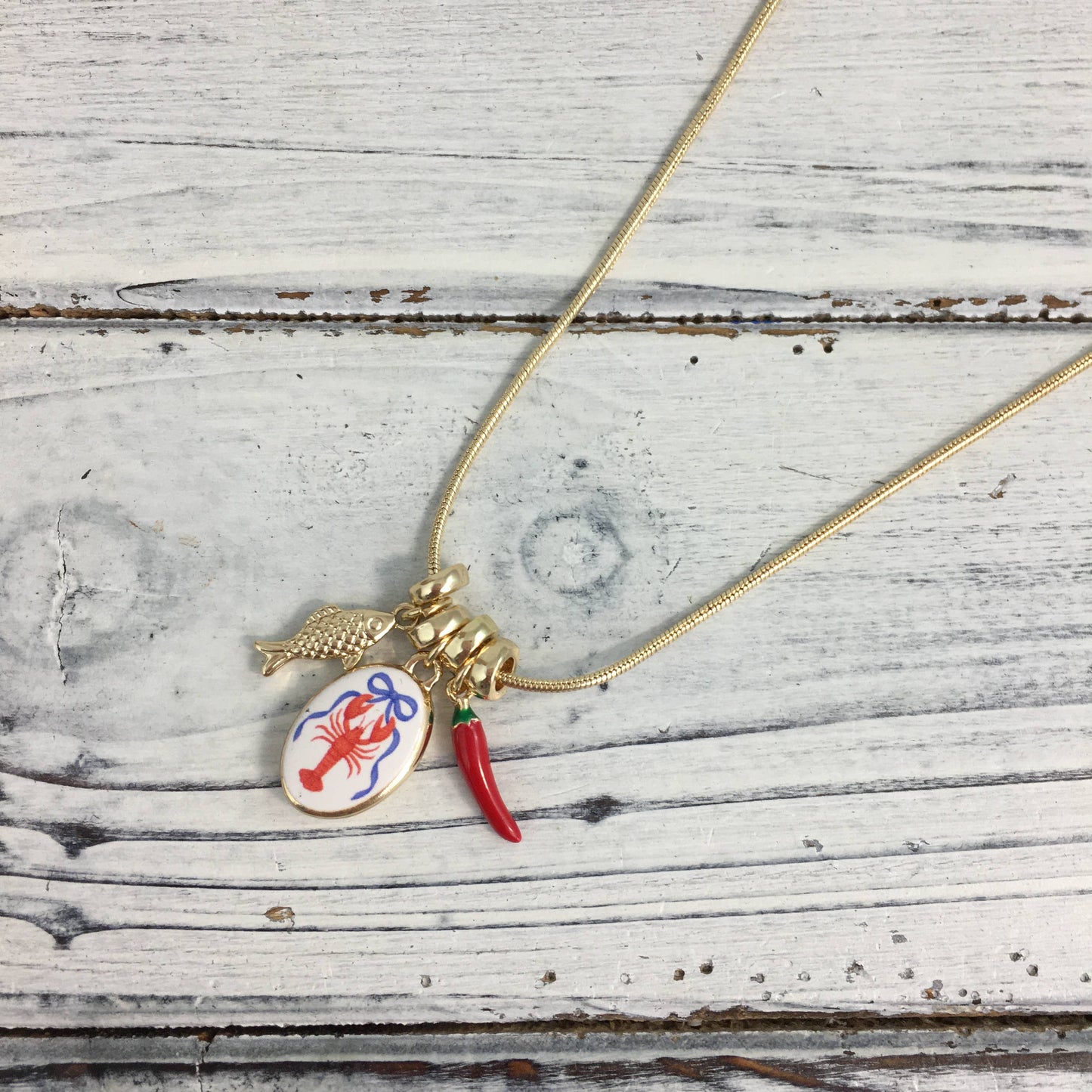 Crawfish/pepper/fish charm necklace 