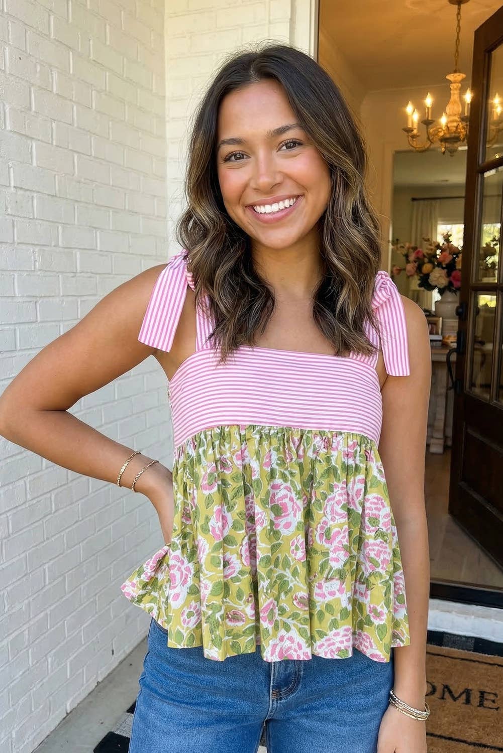 Floral Printed Knot Straps Babydoll Tank Top