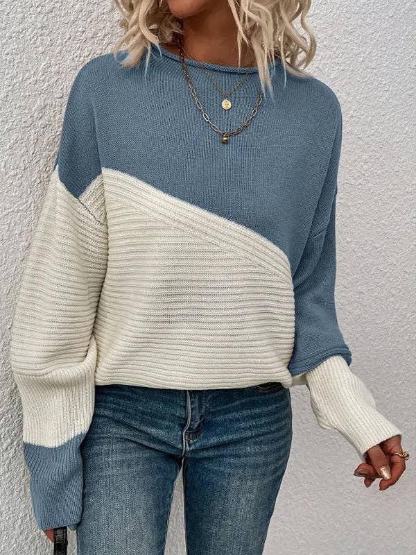Casual Loose Knit Sweater Colorblock Long Sleeve Round Neck