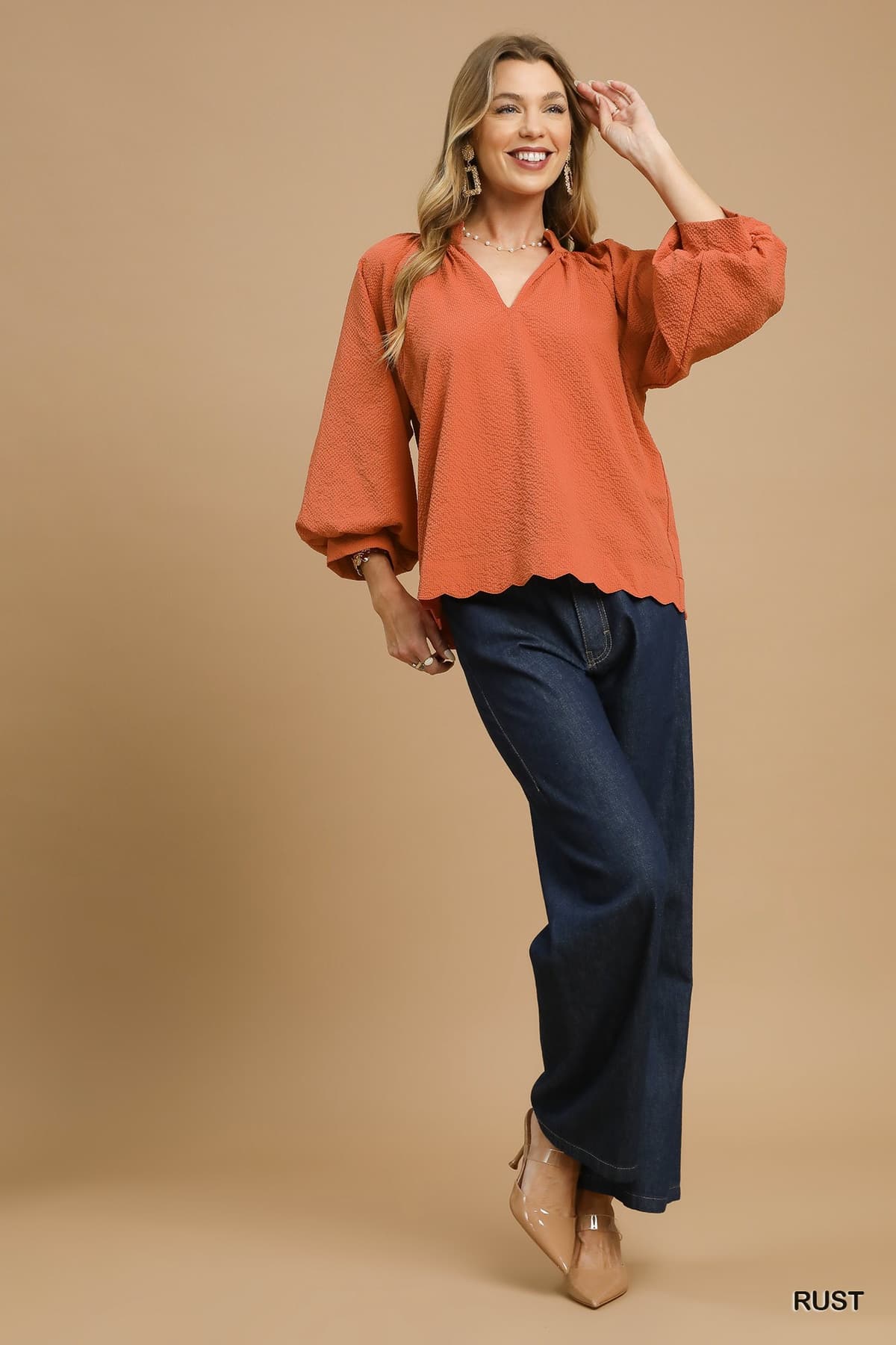 Split V Neck Top with Balloon Sleeves