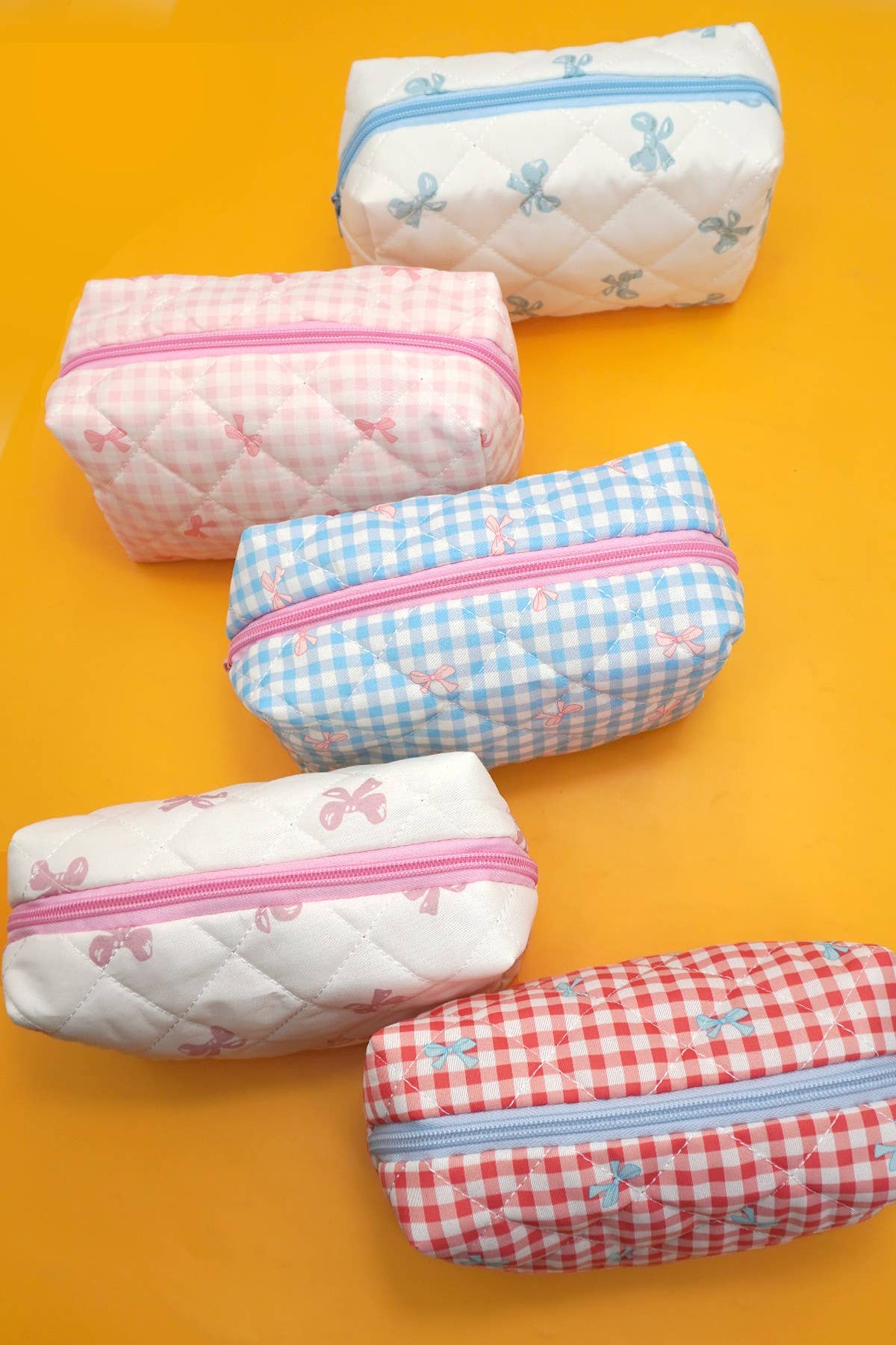 QUILTED COTTON CHECKER BOW COSMETIC POUCH BAG
