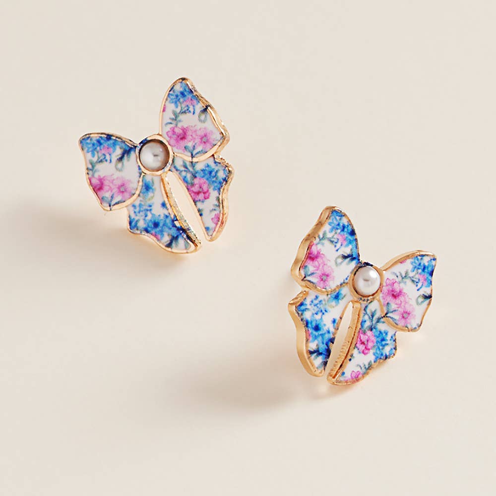Pearl Accent Floral Bow Stud Earrings