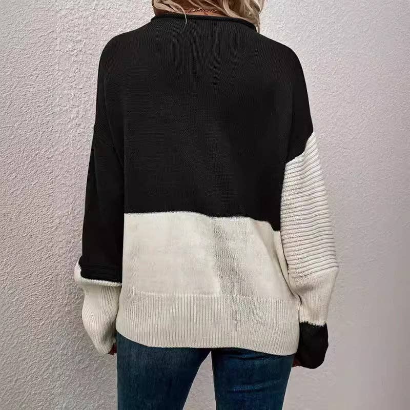 Casual Loose Knit Sweater Colorblock Long Sleeve Round Neck